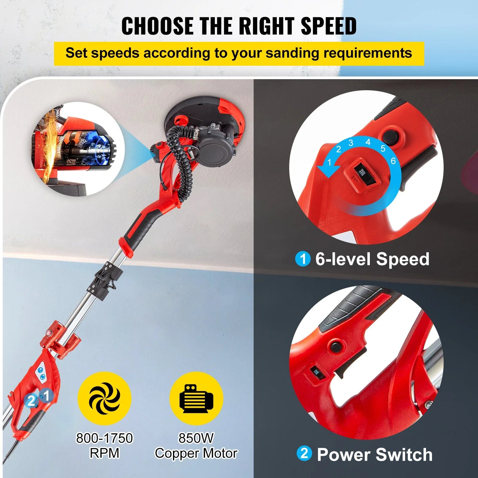 VEVOR Drywall Sander 850W Electric Drywall Sander Foldable Sheetrock Sander with Telescope Handle, Electric Sander Variable Speed 800-1750RPM, Wall Sander with LED Lights and Vacuum Bag, 6 Sand Pad
