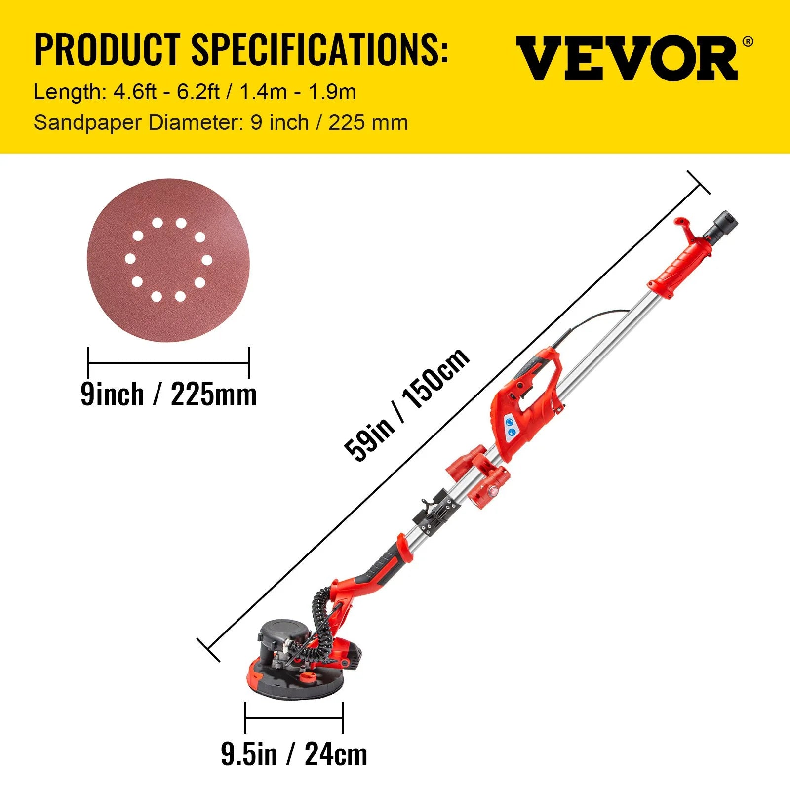 VEVOR Drywall Sander 850W Electric Drywall Sander Foldable Sheetrock Sander with Telescope Handle, Electric Sander Variable Speed 800-1750RPM, Wall Sander with LED Lights and Vacuum Bag, 6 Sand Pad
