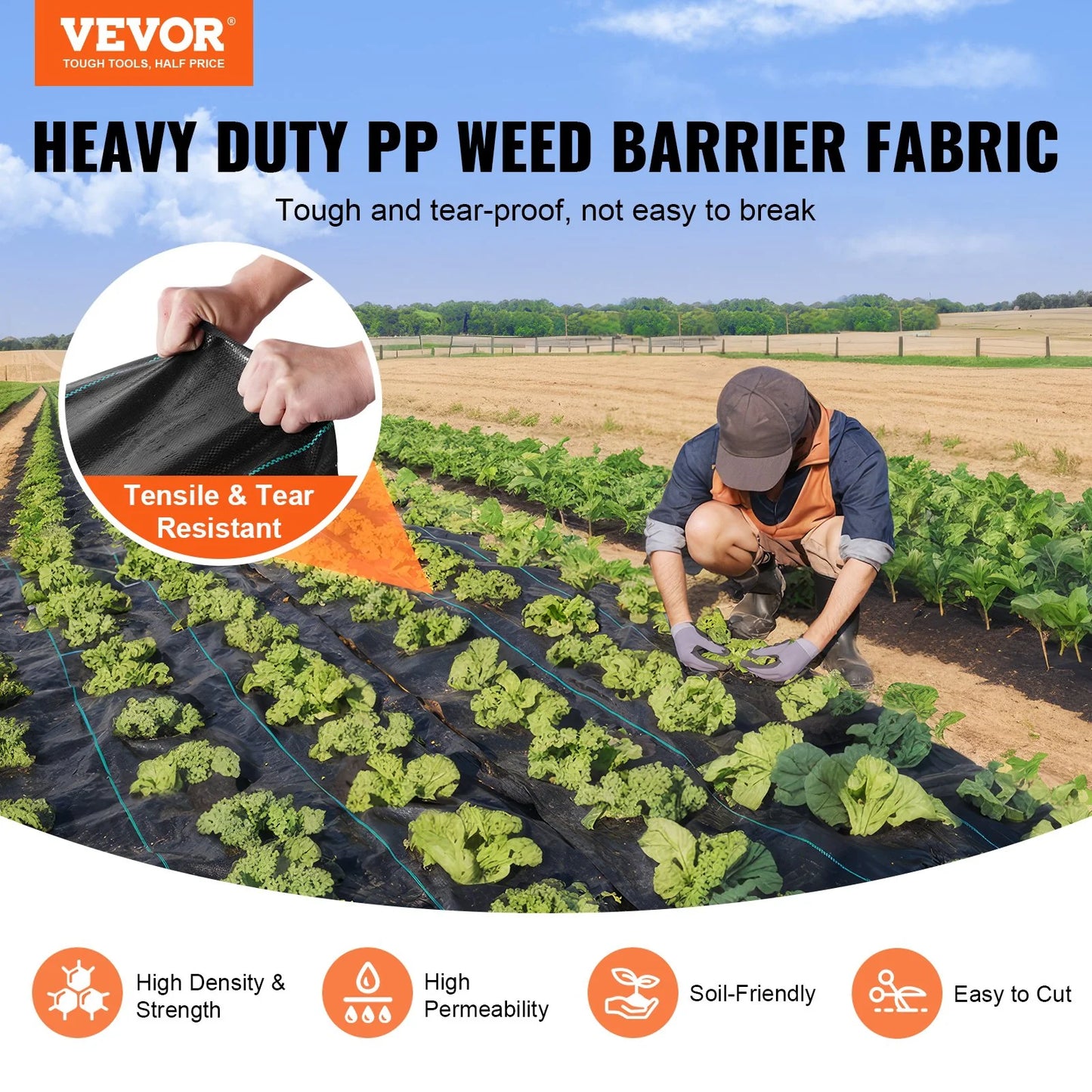 VEVOR 13Ftx108Ft Premium Heavy Duty Weed Barrier Landscape Fabric, 5OZ Woven Geotextile Fabric under Gravel, High Permeability for Weed Blocker Weed Mat, Driveway Fabric, Weed Control Garden Cloth