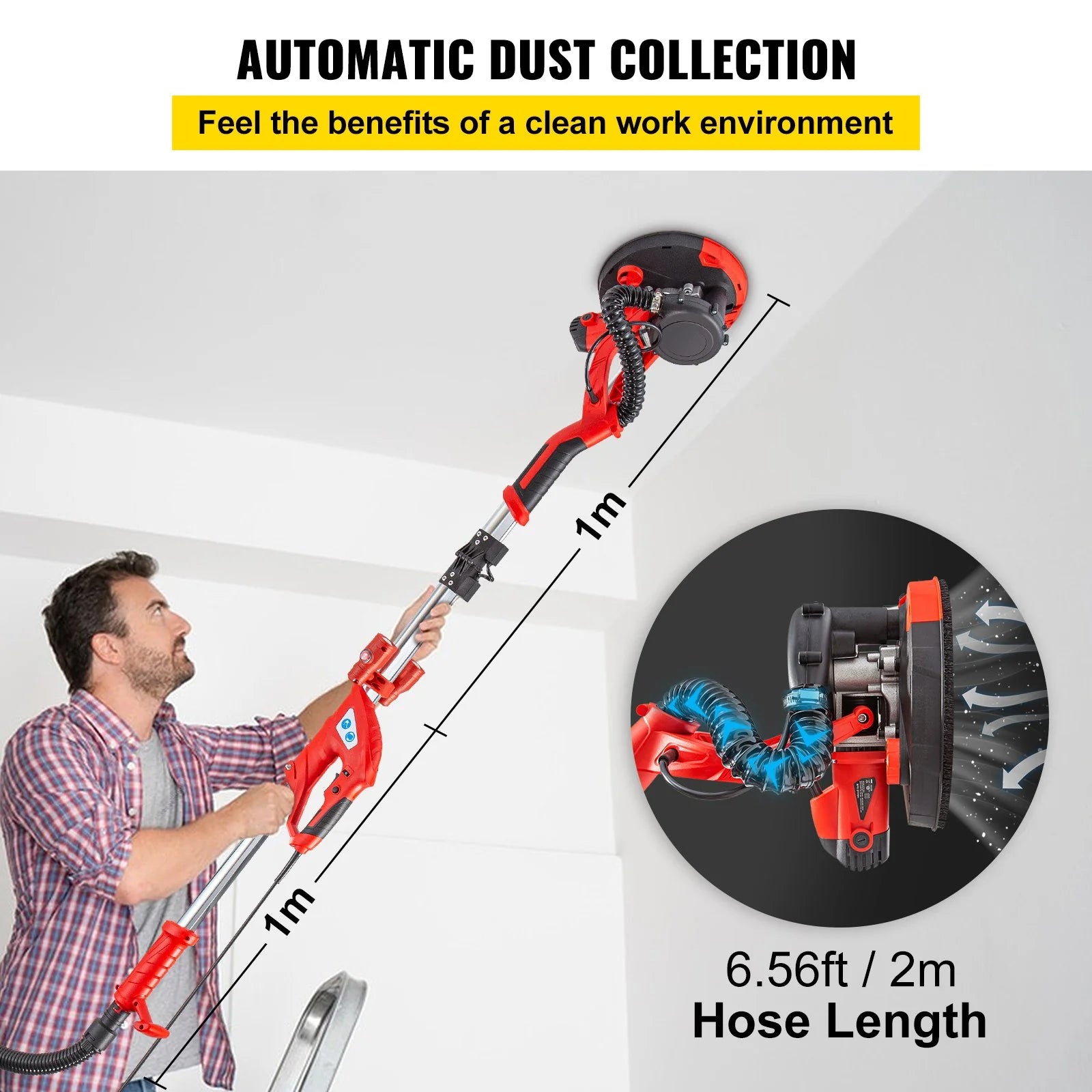 VEVOR Drywall Sander 850W Electric Drywall Sander Foldable Sheetrock Sander with Telescope Handle, Electric Sander Variable Speed 800-1750RPM, Wall Sander with LED Lights and Vacuum Bag, 6 Sand Pad